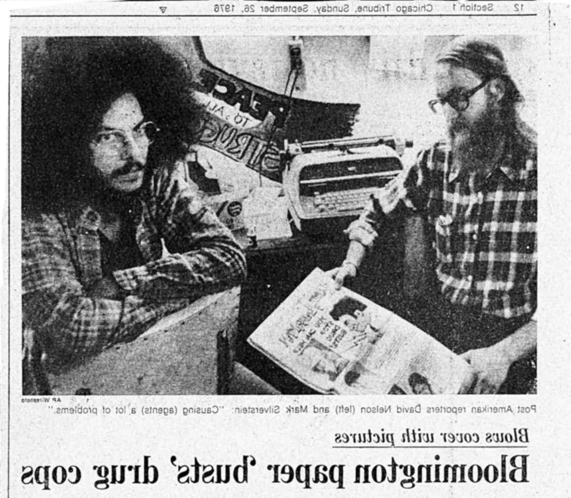 Photo of Mark Silverstein on a news article from 1976 titled "Bloomington paper 'busts' drug cops"