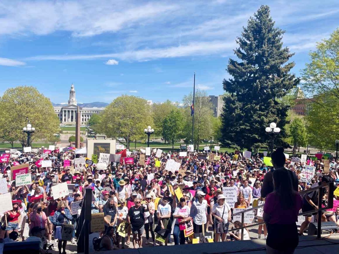 Photo of crowd at bans off our bodies rally at the Colorado State Capitol