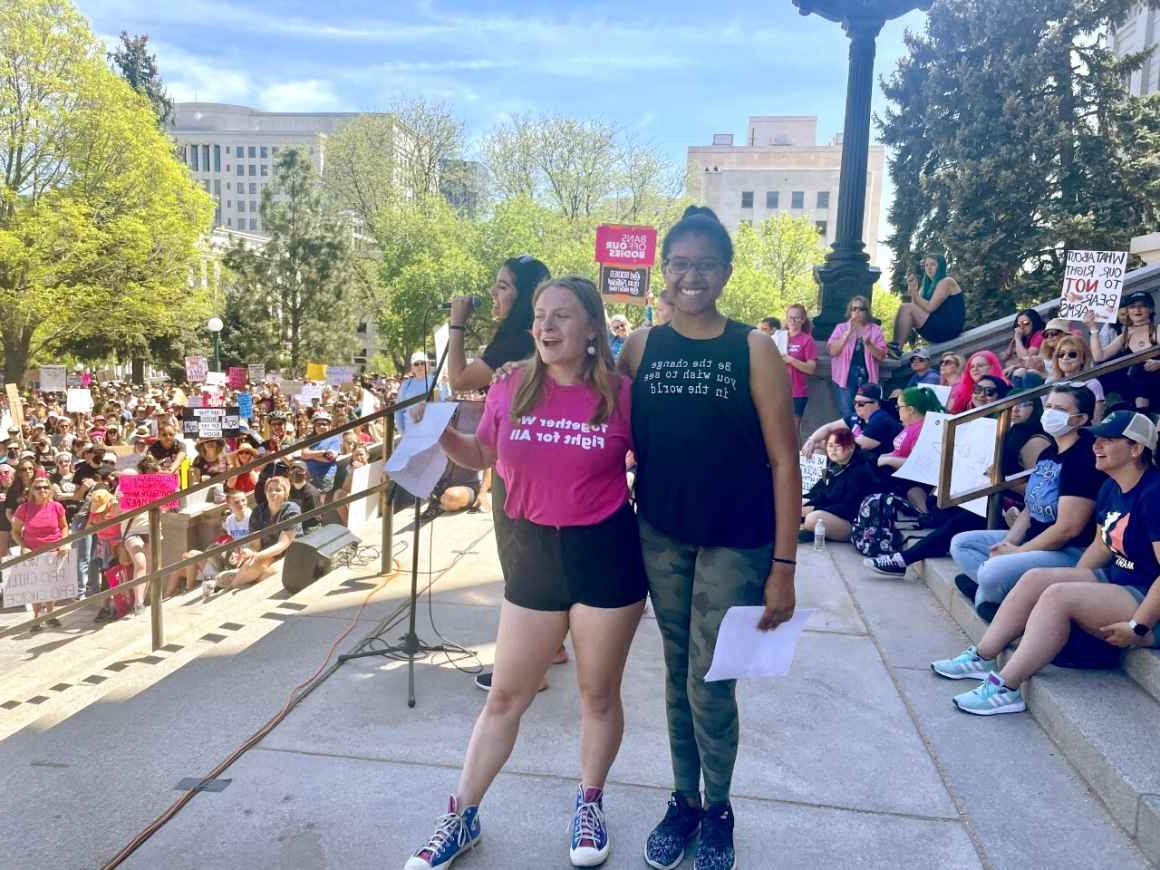 Photo of east high school students Jadyn and Sofia at bans off our bodies rally in Downtown Denver
